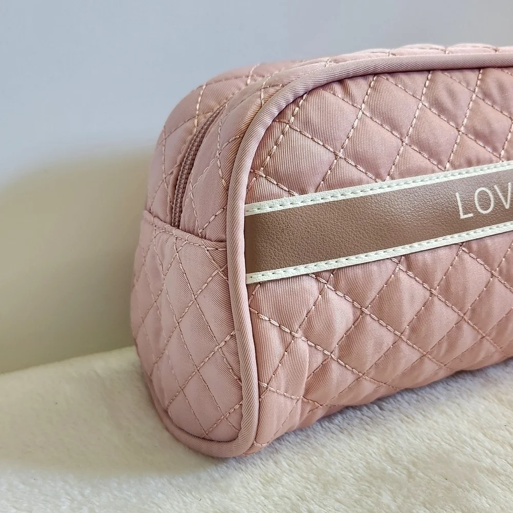 Lovevook Pink Quilted Toiletry Travel Makeup Cosmetic Bag Pouch